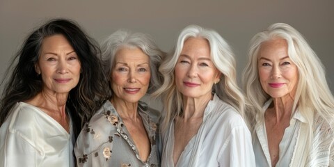 Happy girlfriends woman 60 years old are photographed in the studio and look at the camera.