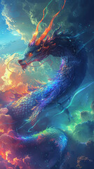 A colorful dragon with a long tail and a blue head. The dragon is surrounded by a blue and green sky - obrazy, fototapety, plakaty