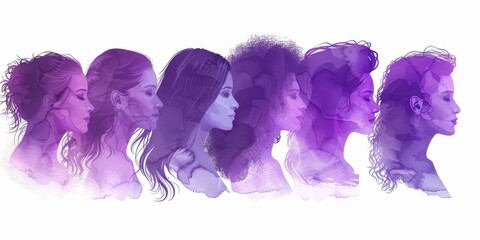Fashionable illustrative image of women's faces in purple colors on white background