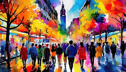 Crowd of people panorama, abstract watercolor painting with bright and bold colors, meeting on the street. Beautiful artistic image for poster, wallpaper, art print.