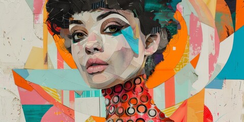 Fashionable illustrative image of a woman's face made from many colorful elements. Generative AI - Powered by Adobe