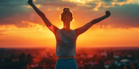 An athletic woman after a run stands at sunset with her hands raised. Generative AI