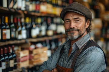 Obraz premium A cheerful man wearing a cap poses confidently in a wine shop with a variety of bottles in the background, expressing expertise and approachability