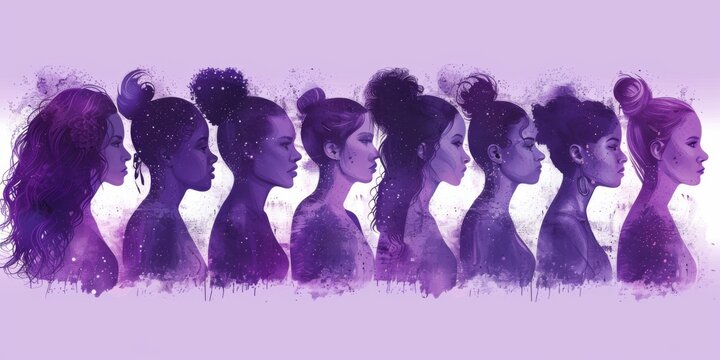 Portraits of different women in profile in purple colors. Strong women. Generative AI