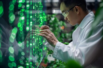 Data collection. Fields of binary code growing like vertical crops harvested by scientists in lab coats