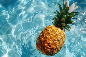 Pool party, pineapples in swimming in water at sunny day