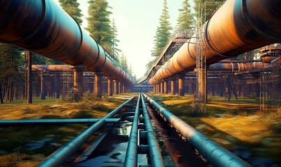 Large oil pipeline and gas pipeline in the process of oil refining and the movement of oil and gas hyper realistic 