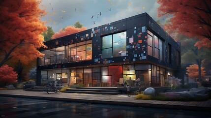 an image of a house transformed into a digital art gallery, with AI-generated paintings and...