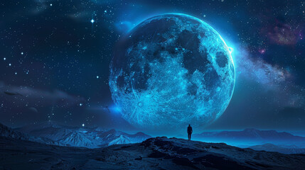 A person stands on a mountain looking at a large blue moon in the sky. The scene is peaceful and serene, with the vast expanse of the sky and the moon creating a sense of wonder and awe