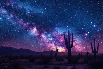 Milky Way arcing over a desert landscape with silhouetted cacti, vastness of the cosmos , 3D style
