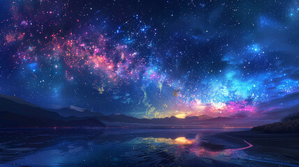 A beautiful night sky with a large galaxy of stars and a bright sun. The sky is filled with a variety of colors, including blue, purple, and pink. The scene is peaceful and serene
