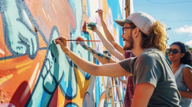 A team of artists painting a mural together, showcasing creativity and collaboration. 