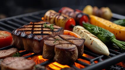 Perfect rib eye beef steak grilled meat with vegetables over the coals on a barbecue - obrazy, fototapety, plakaty