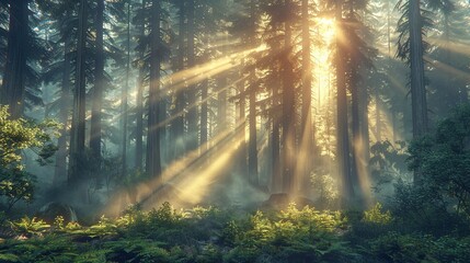 Misty redwood grove at dawn, beams of light breaking through the fog, hushed atmosphere , 3D style