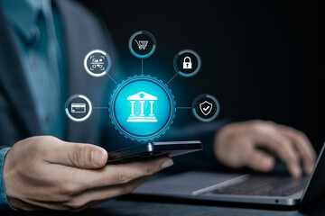 Fototapeta premium Online banking concept. network connection with online banking application on smartphone, online payment, shopping and digital technology business.