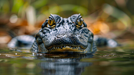 Obraz premium A baby alligator is swimming in a pond. The water is murky and the alligator is looking up at the camera