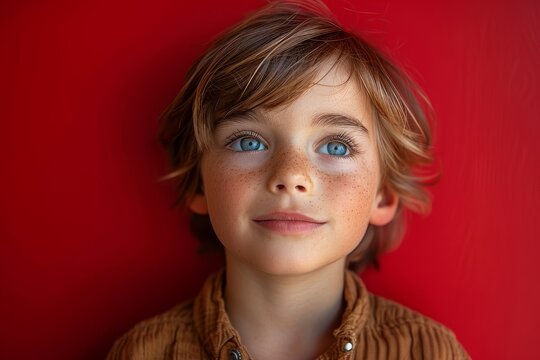 Adorable boy with curly hair and freckles looking upwards on vivid red backdrop