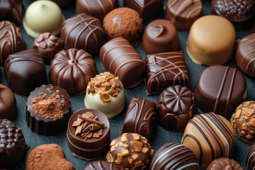 A delicious assortment of various gourmet chocolates, one piece strategically blurred