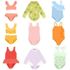 Set of children's summer swimsuit. Summer swimwear for girls. Swimsuit, fashion, summer concept