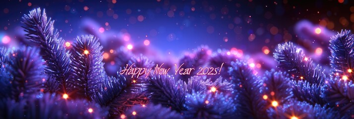 Obraz na płótnie Canvas Elegant New Year 2023 Greeting with Blue Spruce Branches and Lights in Purple and Blue Colors