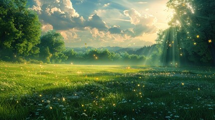 Photorealistic painting of a lush green meadow at dusk, long shadows stretching across the landscape, fireflies twinkling , 3D style - obrazy, fototapety, plakaty