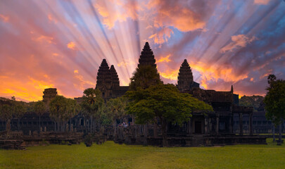 Popular tourist attraction ancient temple complex Angkor Wat - Siem Reap, Cambodia