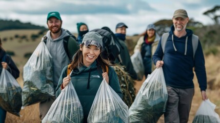 A group of volunteers can be seen carrying large bags of collected biomass on their backs to a designated dumping site. They are all smiling and determined showcasing the sense of . - obrazy, fototapety, plakaty