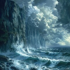 Rugged coastline with crashing waves against towering sea cliffs, storm clouds gathering overhead , high-resolution