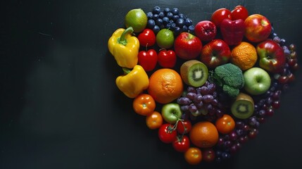 A heart-shaped arrangement of fruits or vegetables, promoting healthy living and love. 