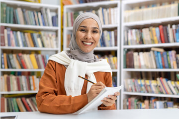 A cheerful young Muslim woman wearing a hijab studies from her notebook in a library, smiling as...