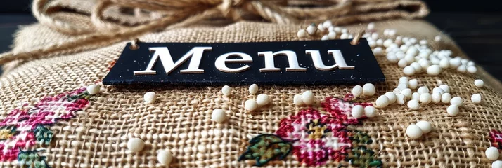 Deurstickers Rustic Burlap Sack with Embroidered Flowers and a Sign that Says Menu © Наталья Бойко