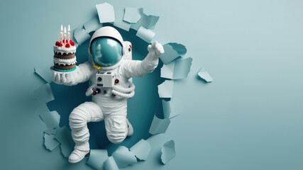 Fototapeta premium This imaginative shot captures a cosmonaut in a space suit presenting a multi-tiered birthday cake in a zero-gravity simulation