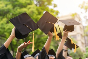 A group of students throwing their graduation caps in the air, celebrating and smiling during an outdoor ceremony on campus Generative AI