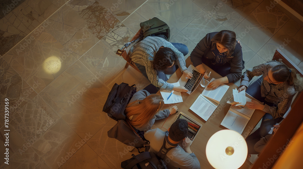 Poster Top view of group of students sitting together at table University students doing group study : Generative AI