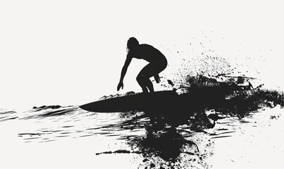 Silhouette of a surfer standing on a rocky shore. Black white surfing summer theme. Holiday and vacation. High quality AI generated image - obrazy, fototapety, plakaty