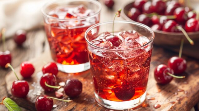 Wooden Table With Glasses of Ice and Cherries