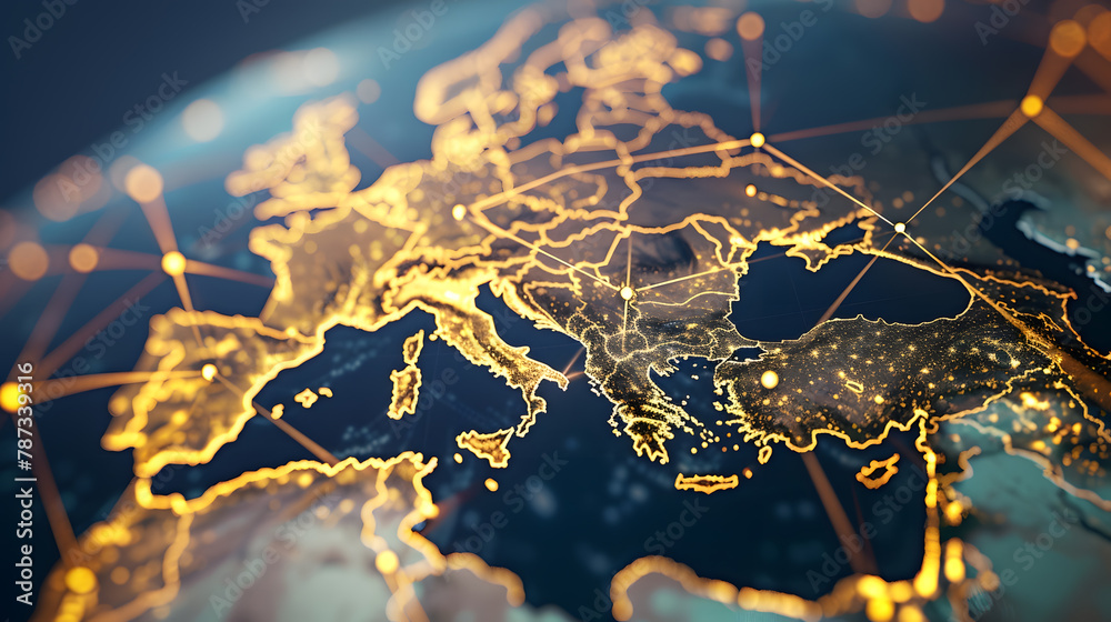 Fototapete Communication technology with global internet network connected in Europe Telecommunication and data transfer european connection links IoT finance business blockchain security : Generative AI