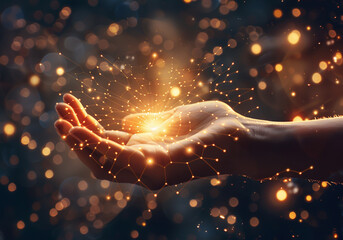Glowing open hand surrounded by digital connections with light particles, symbolizing the integration of AI in technology and science - obrazy, fototapety, plakaty