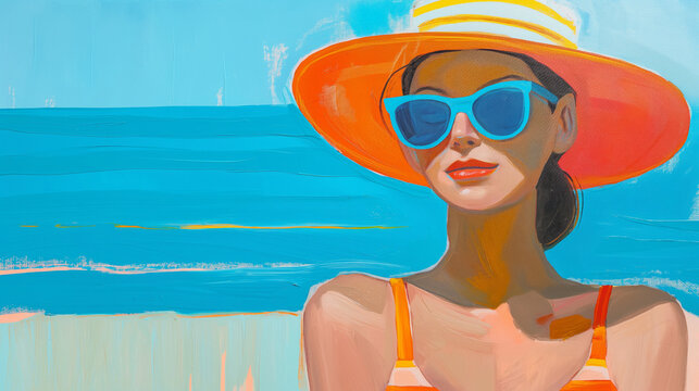 Woman in hat at seaside resort. Vibrant Guash illustration. Bright colors.