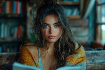 Fototapeta premium An alluring young woman with striking blue eyes and casual wear holds a book in a cozy environment