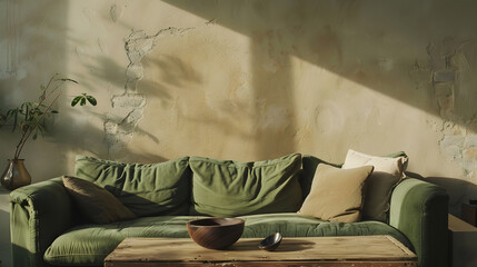 Vertical shot of green comfortable sofa with cushions stand against beige copy space wall in living...