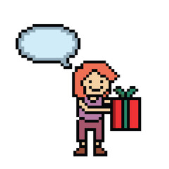 Fototapeta premium Vector Cute pixel cartoon 8bit character woman hold gift box with chatblank vector decoration 8 bit female girl give gift box shopping birthday christmas game.