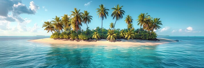 A tropical beach scene with palm trees, azure waters, and clear blue skies - obrazy, fototapety, plakaty
