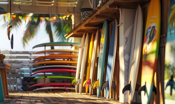 Counter of sunny surf hire shop on the beach. Local business, leisure, hobbies, sport, surfing, summer and vacations or holidays. Surfboard shop. High quality AI generated image