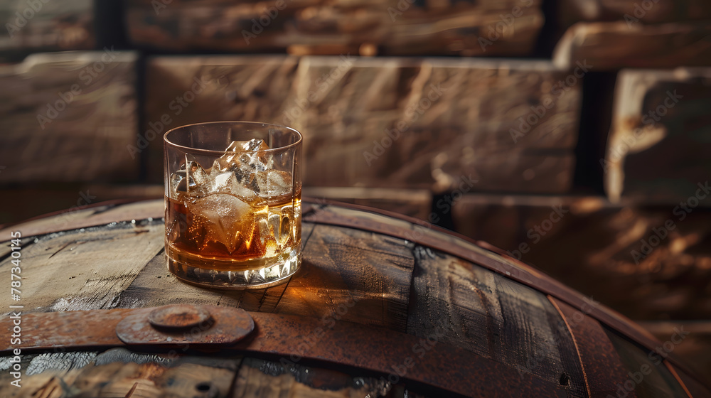 Poster glass of whiskey with ice cubes on the old barrel with copy space on wooden background : generative 