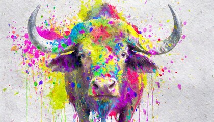 Modern colorful watercolor painting of a buffalo, textured white paper background, vibrant paint splashes.  - obrazy, fototapety, plakaty