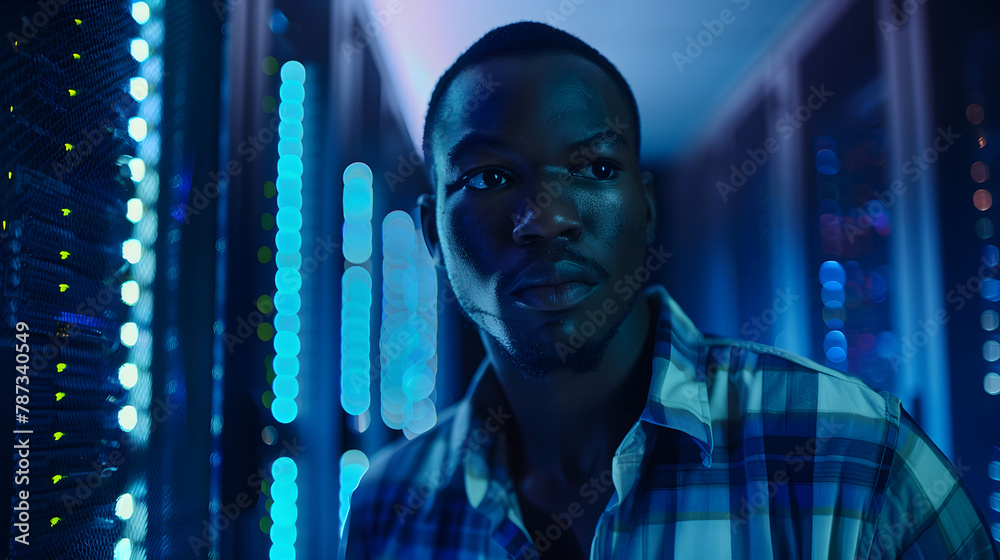 Poster Waist up portrait of African American data engineer looking at camera while working with supercomputer in server room lit by blue light copy space : Generative AI