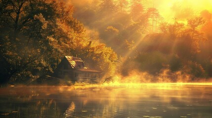 A radiant sunrise casting a golden glow over a colorful lake, with mist rising from the water and enveloping a rustic cabin nestled among the trees. - obrazy, fototapety, plakaty