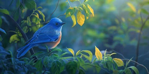 A stunning blue bird perched serenely among lush green foliage in a peaceful natural setting