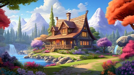 an image of an idyllic house nestled in a serene landscape, with a painter adding vibrant colors to its exterior
